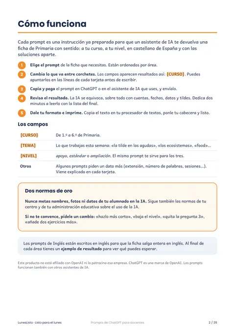 Página «Cómo funciona», que explica cómo rellenar los campos curso, tema y nivel de cada prompt