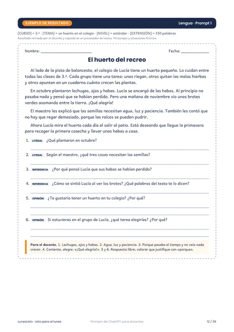 Ficha de ejemplo generada con el prompt 1 de Lengua: una lectura con preguntas en tres niveles