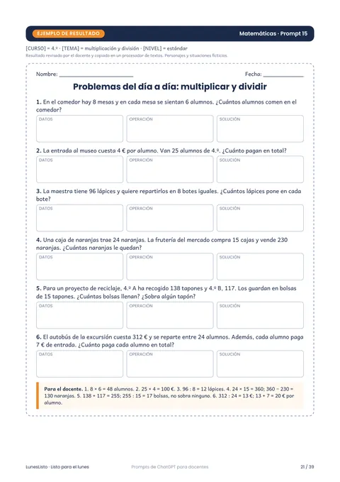 Ficha de ejemplo de Matemáticas con problemas organizados en datos, operación y solución