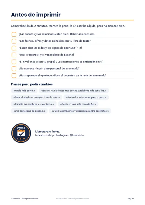 Lista de comprobación de dos minutos para revisar la ficha antes de imprimirla