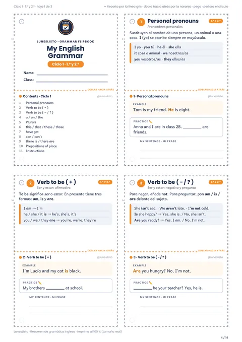 Hoja de tarjetas del ciclo 1: portada My English Grammar y las tarjetas Personal pronouns y Verb to be, con líneas de corte y de doblez